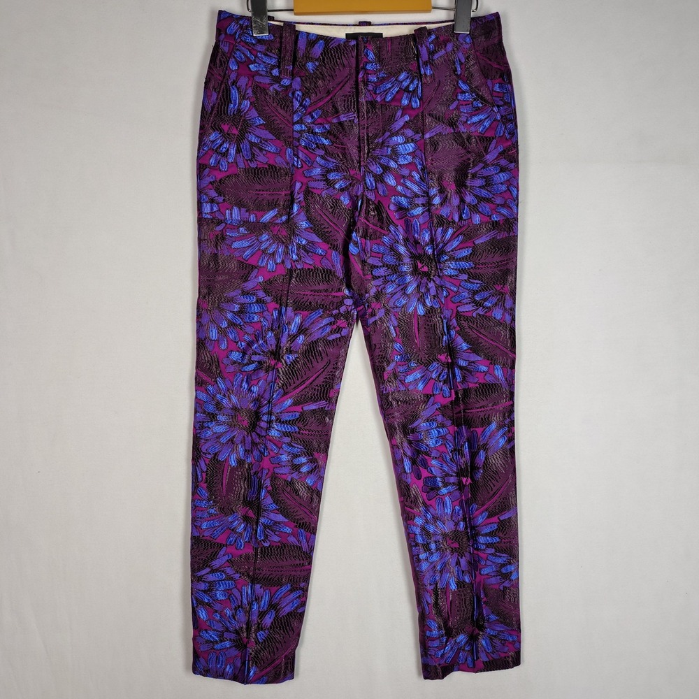 J.Crew Purple Blue Floral Brocade Trousers Jacquard Slim Pant Size 0